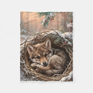Sleeping Little Wolf Pup In Snowy Nest Fleece Blan Blanket