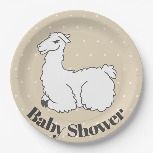 Sleeping Llama & White Swiss Dots Baby Shower Paper Plate (Front)