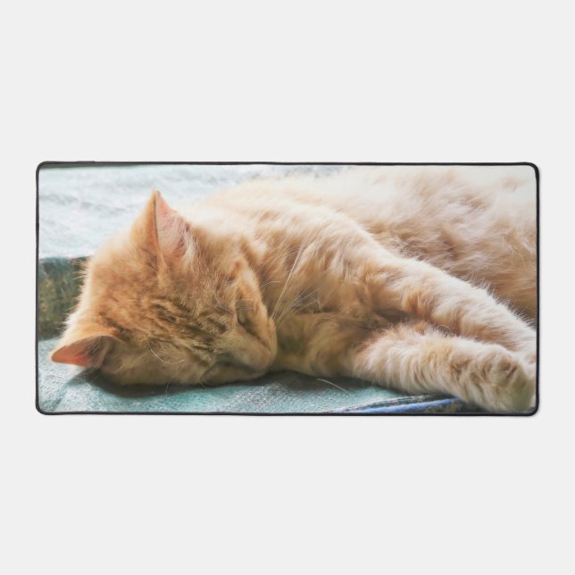 Sleeping Longhaired Ginger Cat Desk Mat (Front)