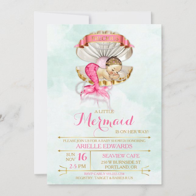 Sleeping Mermaid Baby Clam Shell Tiara Gold & Pink Invitation (Front)