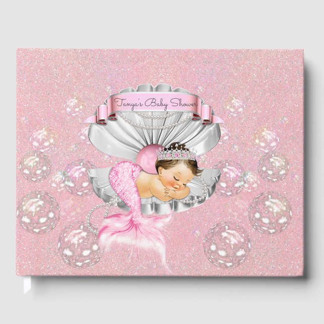 Sleeping Mermaid Baby Girl Pink Shell Pearls Guest Book (Front)