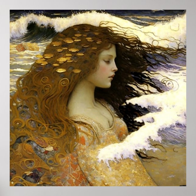 Sleeping Mermaid Dreaming of Golden Sea Shells Poster (Front)