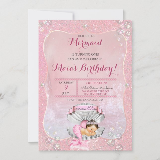 Sleeping Mermaid Girl Pink Pearls Clam Shell Invitation (Front)