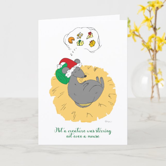 Sleeping Mouse Christmas Card Cute Holiday (Yellow Flower)