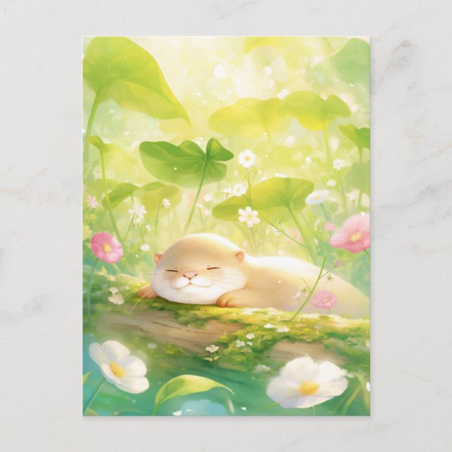 Sleeping Otter on Mossy Summer Log Postcard (Front)