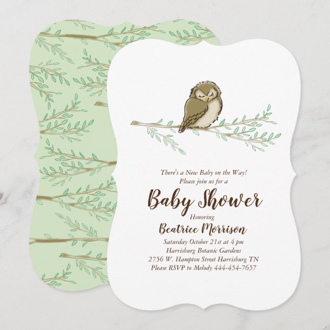 Sleeping Owl Baby Shower Woodland Bird Invitation (Front/Back)