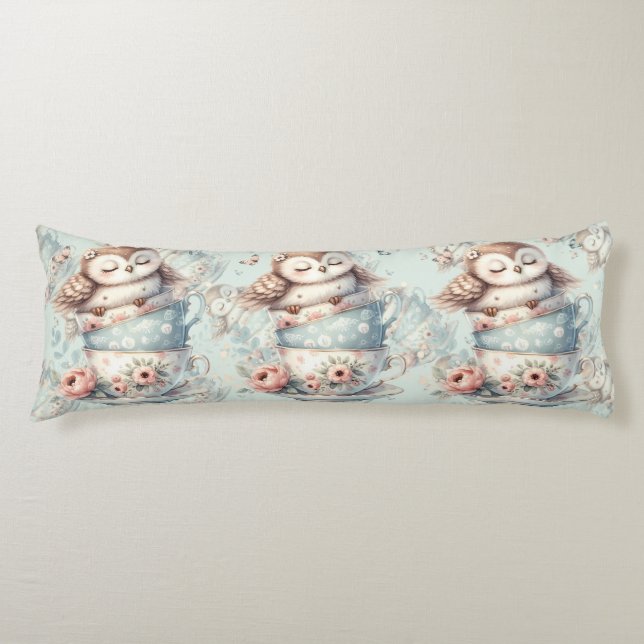 Sleeping Owl in Stacked Floral Teacups Body Cushion (Front)