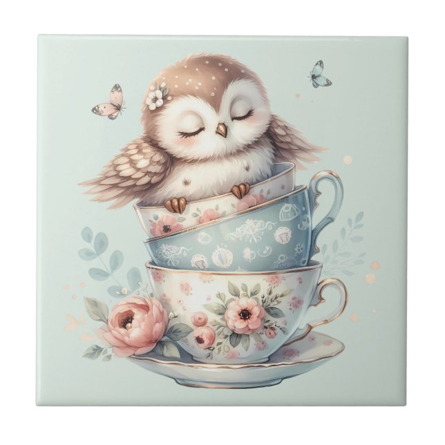 Sleeping Owl in Stacked Floral Teacups Ceramic Tile (Front)