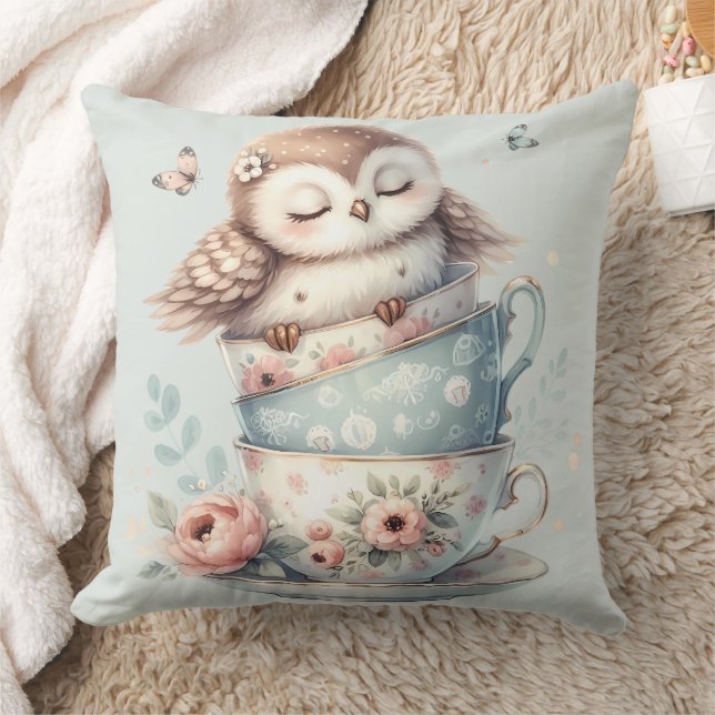 Sleeping Owl in Stacked Floral Teacups Cushion (Blanket)