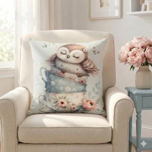 Sleeping Owl in Stacked Floral Teacups Cushion