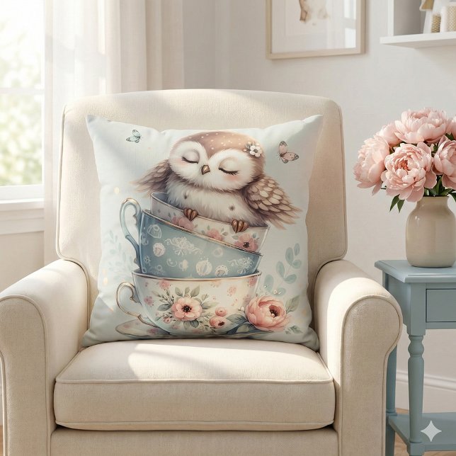 Sleeping Owl in Stacked Floral Teacups Cushion (Sleeping Owl in Stacked Floral Teacups Throw Pillow Mockup A)