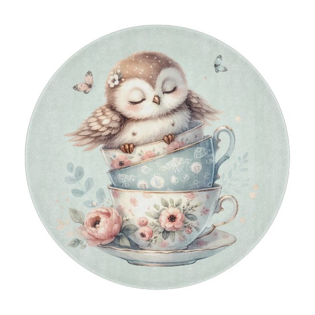 Sleeping Owl in Stacked Floral Teacups Cutting Board (Front)
