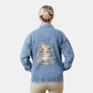 Sleeping Owl in Stacked Floral Teacups Denim Jacket