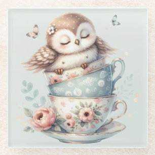 Sleeping Owl in Stacked Floral Teacups Glass Coaster