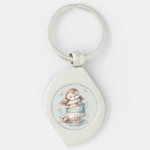 Sleeping Owl in Stacked Floral Teacups Key Ring