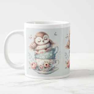 Sleeping Owl in Stacked Floral Teacups Large Coffee Mug