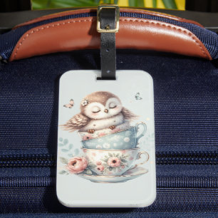 Sleeping Owl in Stacked Floral Teacups Luggage Tag