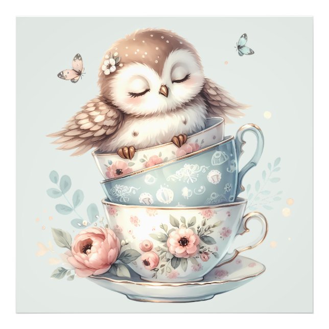 Sleeping Owl in Stacked Floral Teacups Photo Print (Front)
