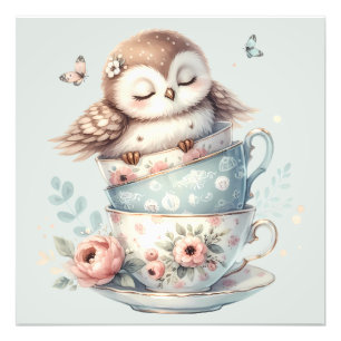 Sleeping Owl in Stacked Floral Teacups Photo Print