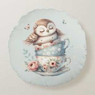 Sleeping Owl in Stacked Floral Teacups Round Cushion
