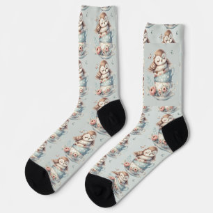 Sleeping Owl in Stacked Floral Teacups Socks