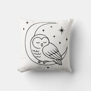 Sleeping Owl on Crescent Moon Line Art Cushion