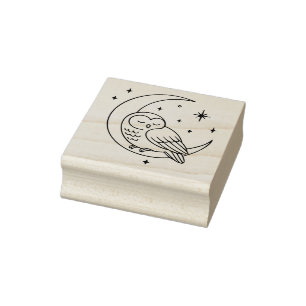 Sleeping Owl on Crescent Moon Line Art Rubber Stamp