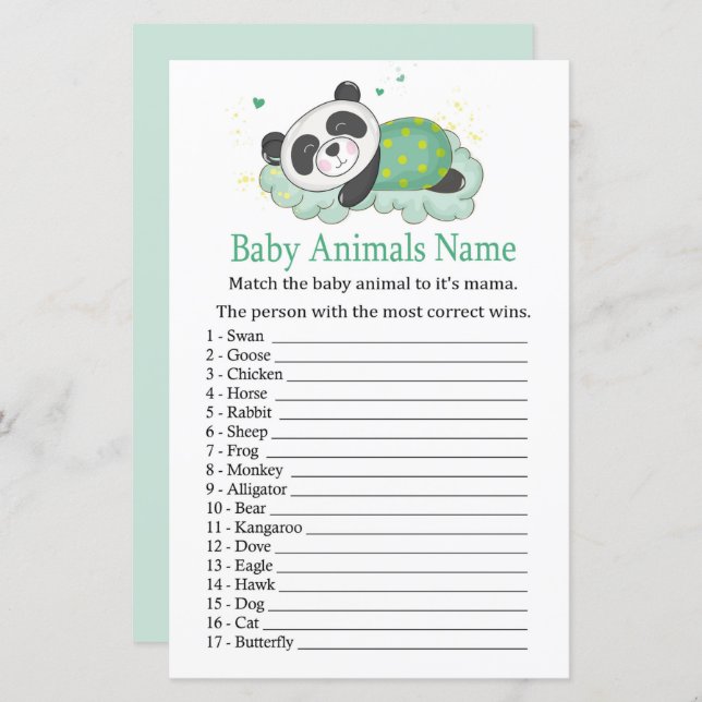 Sleeping panda Baby Animals Name Game (Front/Back)