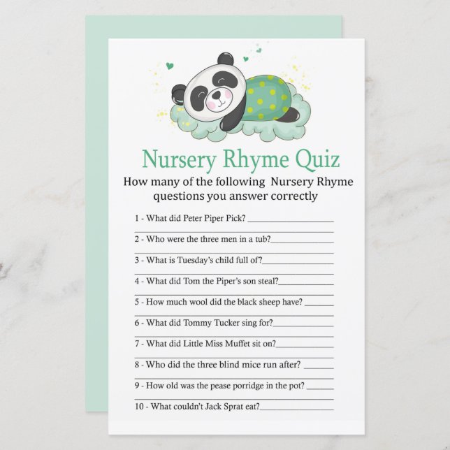 Sleeping panda Nursery Rhyme Quiz baby shower game (Front/Back)