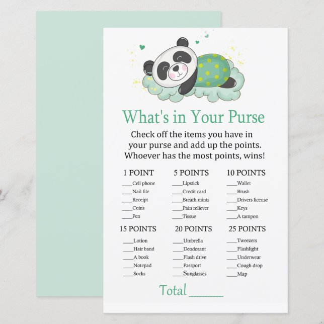 Sleeping panda What's in your purse game (Front/Back)
