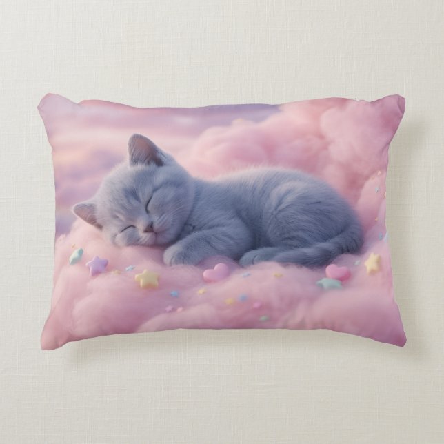 Sleeping Pastel Kitten on Fluffy Pink Clouds Art Decorative Cushion (Front)