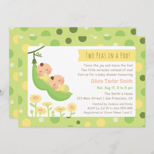 Sleeping Peas in a Pod Twin Baby Shower Invites (Front/Back)