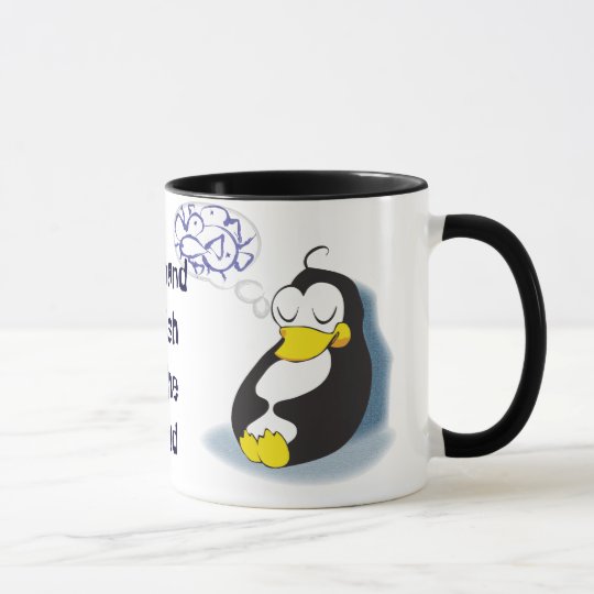 sleeping penguin dreaming about fish tea cup
