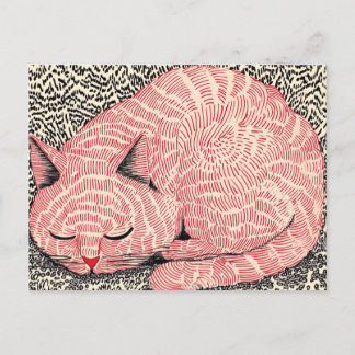 Sleeping Pink Cat Illustration - Surreal Ink Postcard