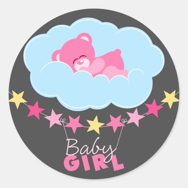 Sleeping Pink Girl Teddy Bear In Cloud Baby Shower Classic Round Sticker (Front)
