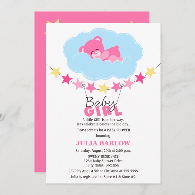 Sleeping Pink Girl Teddy Bear in Cloud Baby Shower Invitation (Front/Back)