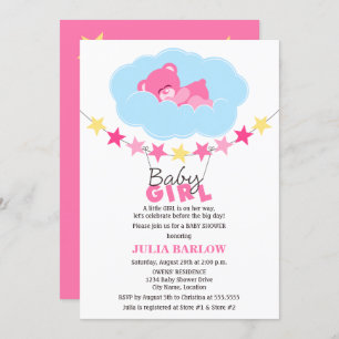 Sleeping Pink Girl Teddy Bear in Cloud Baby Shower Invitation