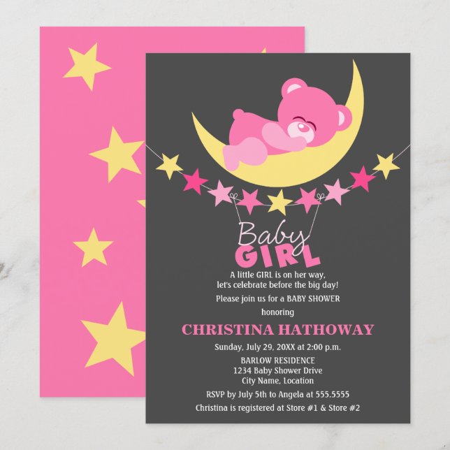Sleeping Pink Girl Teddy Bear on Moon Baby Shower Invitation (Front/Back)