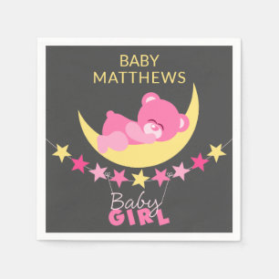 Sleeping Pink Girl Teddy Bear On Moon Baby Shower Napkin