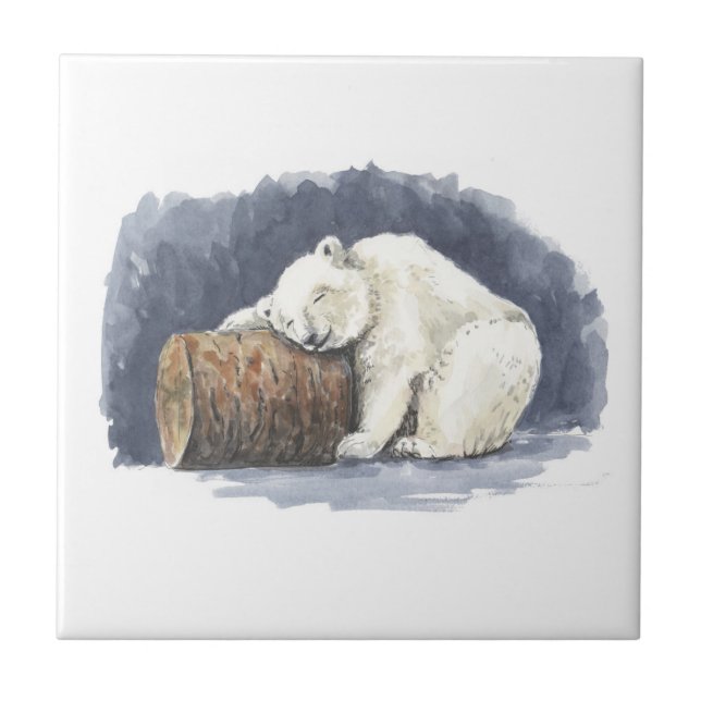 Sleeping polar bear, watercolor art ceramic tile (Front)