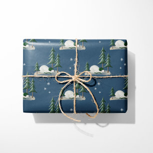 Sleeping Polar Bear Winter Forest Blue Wrapping Paper