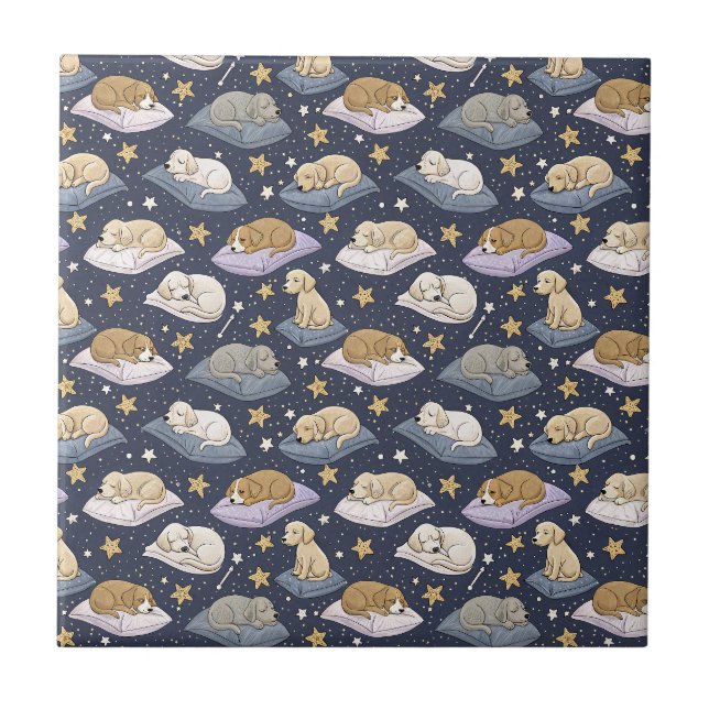 Sleeping Puppies Starry Night - Cute Dog Pattern Ceramic Tile (Front)