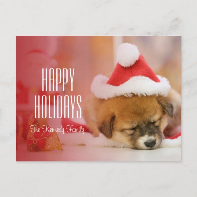 Sleeping puppy wearing a Santa hat Holiday Postcard (Front)