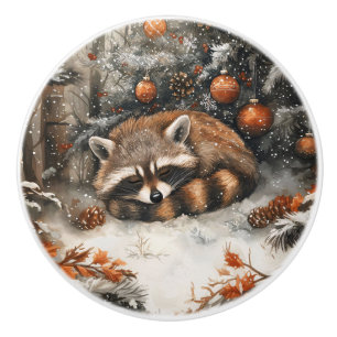 Sleeping Racoon Whimsical Rustic Christmas Ceramic Knob