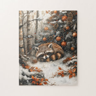 Sleeping Racoon Whimsical Rustic Christmas Jigsaw Puzzle