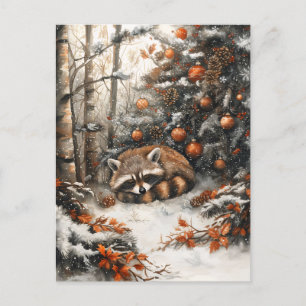 Sleeping Racoon Whimsical Rustic Christmas Postcard