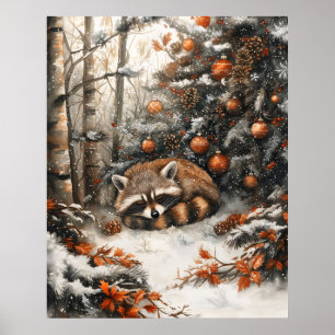 Sleeping Racoon Whimsical Rustic Christmas Poster