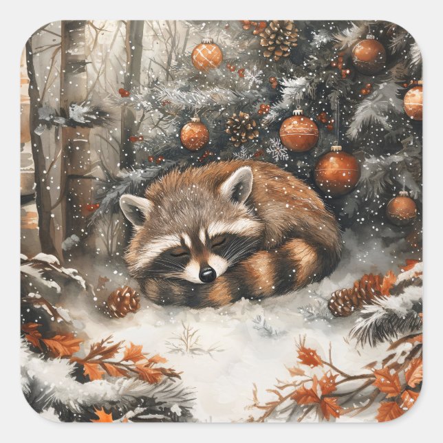 Sleeping Racoon Whimsical Rustic Christmas Square Sticker (Front)