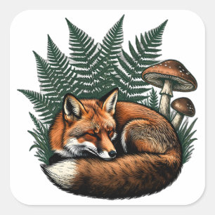 Sleeping Red Fox Fern Forest Square Sticker
