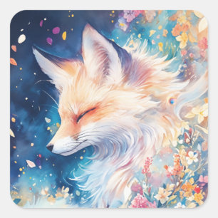 Sleeping Red Fox in Colourful Floral Garden Square Sticker